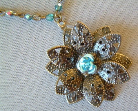 Juanita - Blue and Antique Bronze Flower Necklace