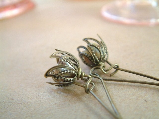 Dawn - Antique Green Flower and Antique Bronze Dangle Earrings