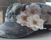 Camo Flowers Military Style Cadet Hat With Linen and Tulle Flowers