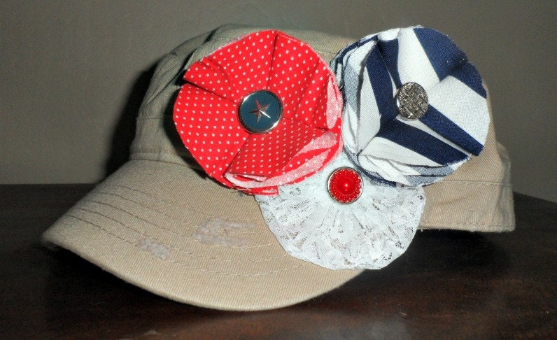 Liberty Belle Tan Military Style Cadet Hat with Red, White and Blue Flowers