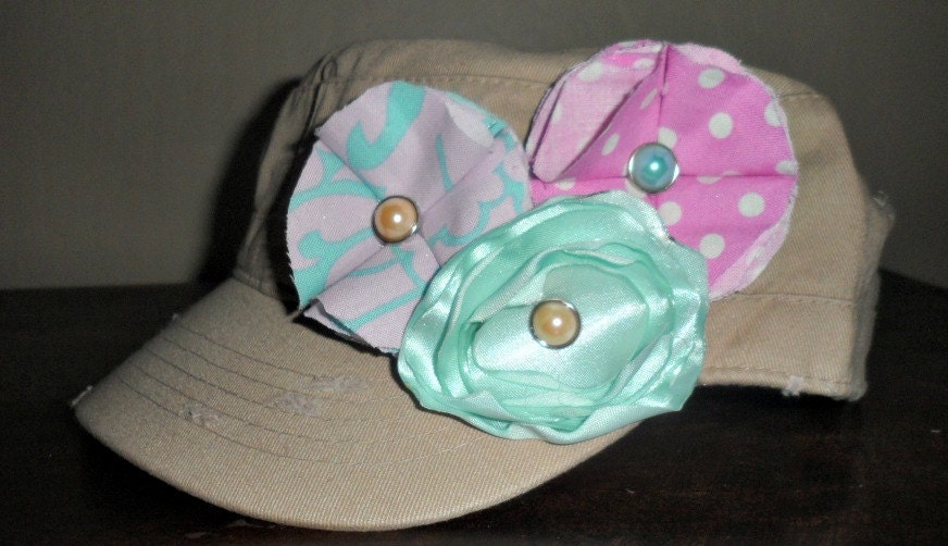 Candy Shoppe Tan Military Style Cadet Hat with Mint and Sweet Lavender Pink Flowers