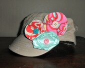 Watermelon Spritze rTan Military Style Cadet Hat with Mint, Coral, and Pink Flowers