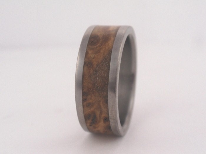 Black Ash Burl Wood Inlay Titanium Ring - Wooden Ring Wedding Band
