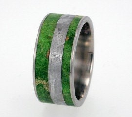 Mens Wedding Band - Meteorite and Green Box Elder Burl Wood inlay