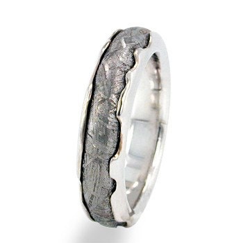 Palladium Ring - Meteorite and Wavy Palladium Band