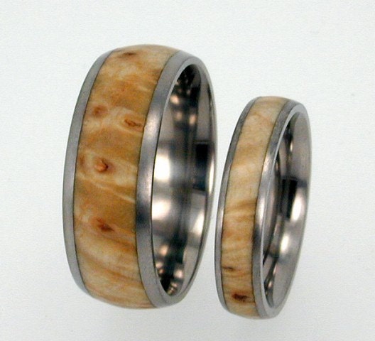 Titanium Wedding Set with Black Ash Burl Wood Inlay - Engraving available