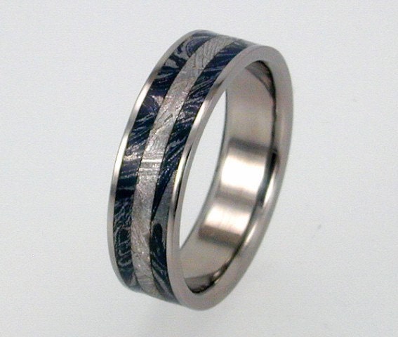 Mens Titanium Ring with Sterling Silver, Mokume Gane Meteorite Inlay