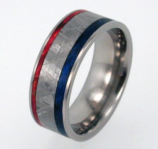 Box Elder Burl Wood and Meteorite inlay Titanium Ring - Red White and Blue colors