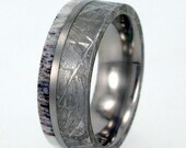 Meteorite Ring / Antler Ring / Gibeon Meteorite and Deer Antler inlaid on Titanium with Titanium pinstripe