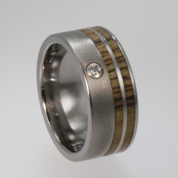 Mens Titanium Wood Wedding Band set with Diamond  - Wooden Wedding bands