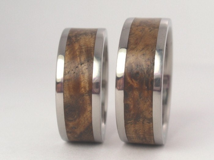 Black Ash Burl Wood Inlaid in Titanium Ring - Wooden Wedding Set