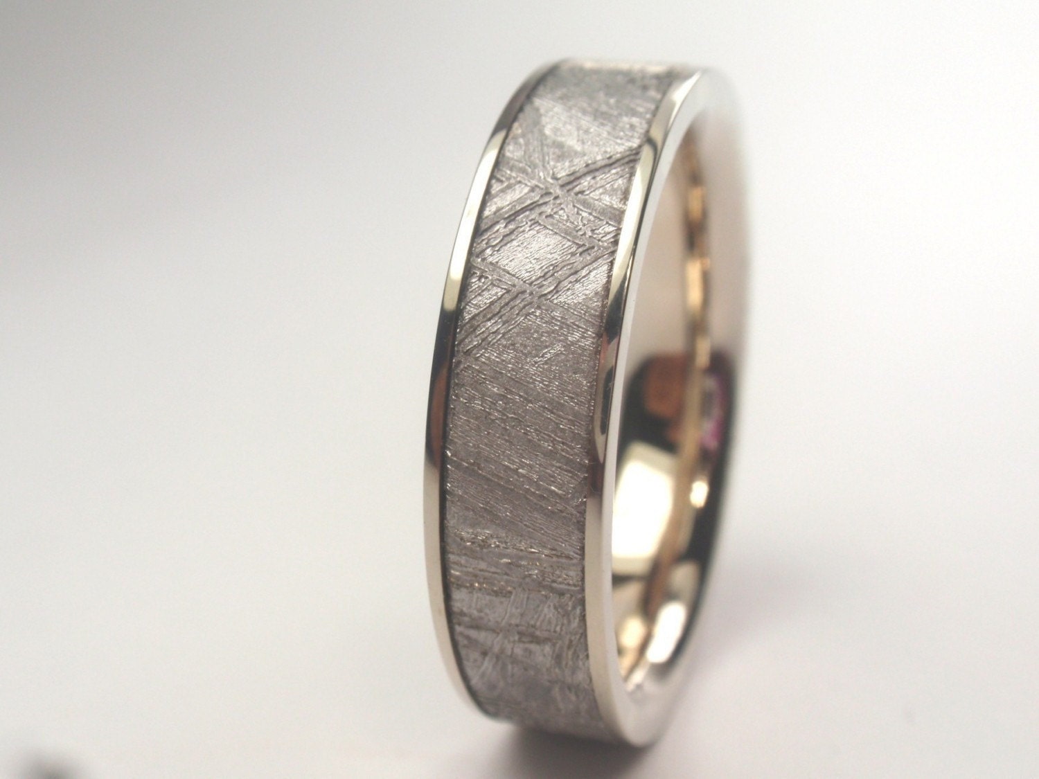 Meteorite Ring Inlaid in 14K White Gold - Meteor Wedding Band - Gibeon Meteorite