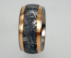 Wedding Band with Meteorite and 18K Yellow Gold Inlay - Titanium Ring For Men and Women