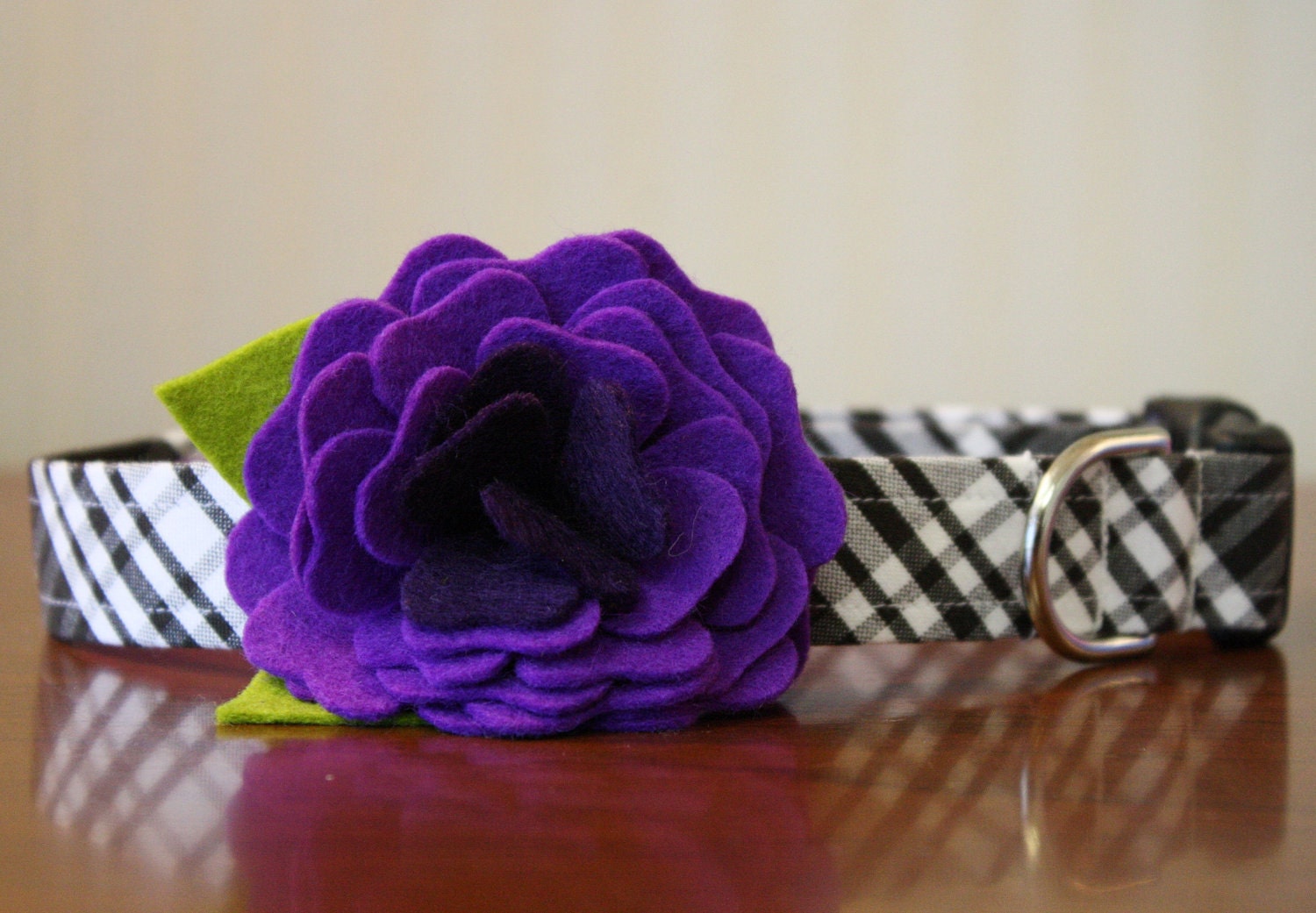 Dog Collar with Flower - Purple Plaid Camellia