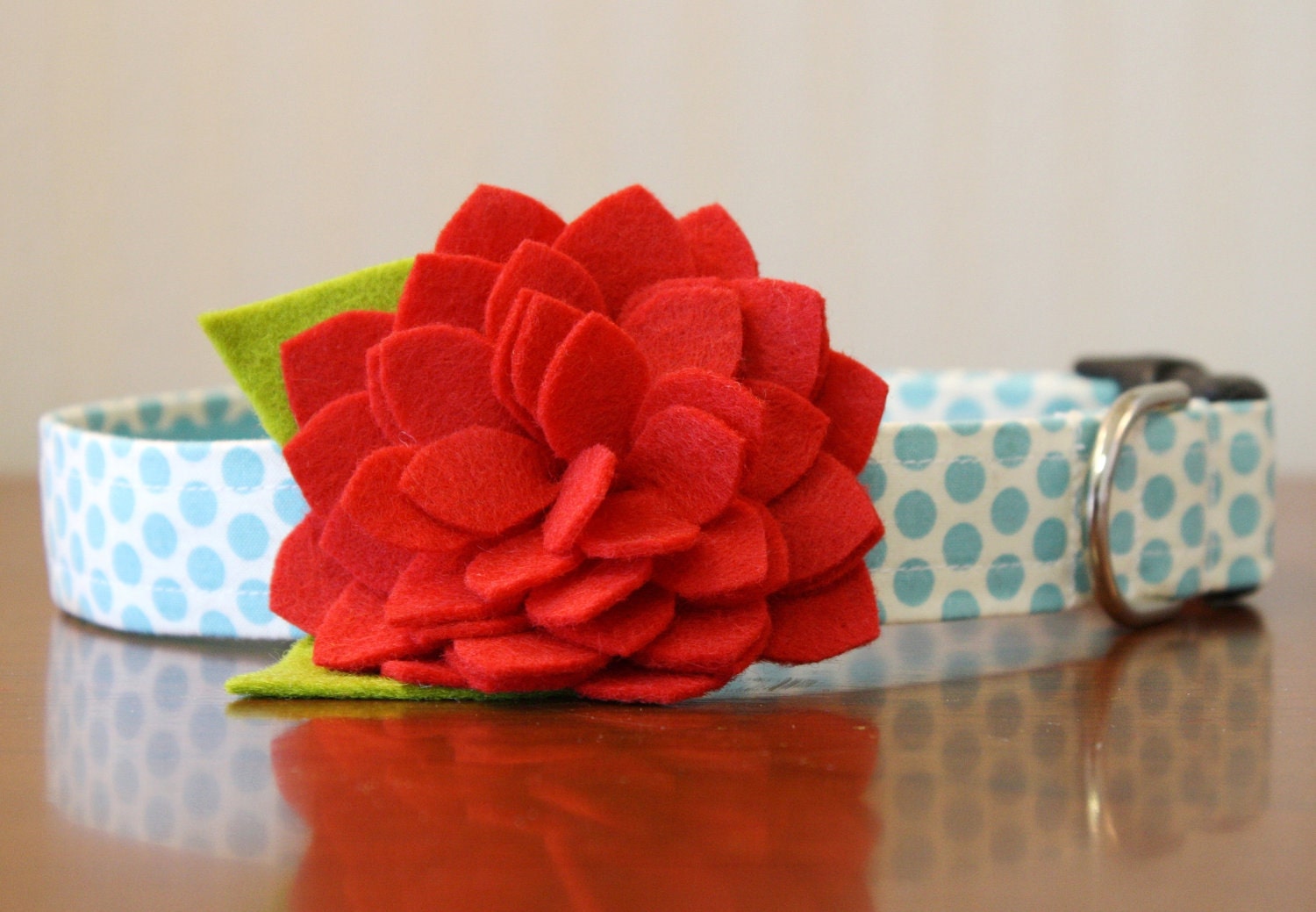 Flower Dog Collar - Red Dahlia & Dots