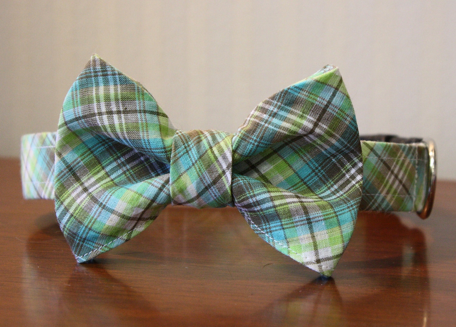 Dog Bowtie Collar - Lime & Turquoise Tartan