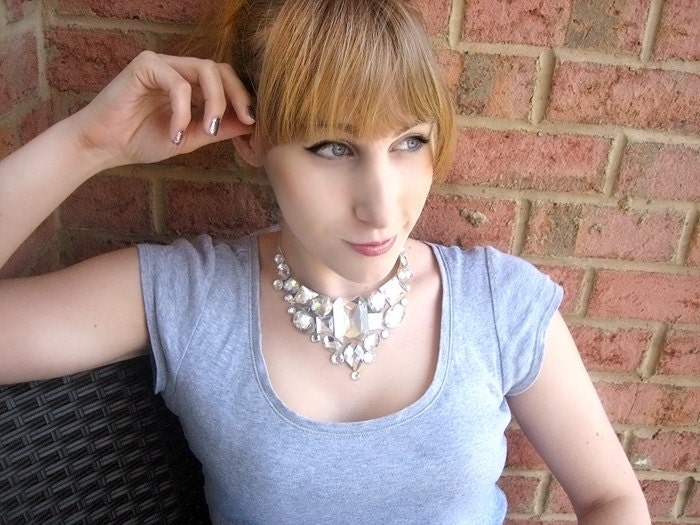 Crystal AB Necklace, Rhinestone Bib Necklace, Bridal Jewelry, Clear Rhinestone Necklace