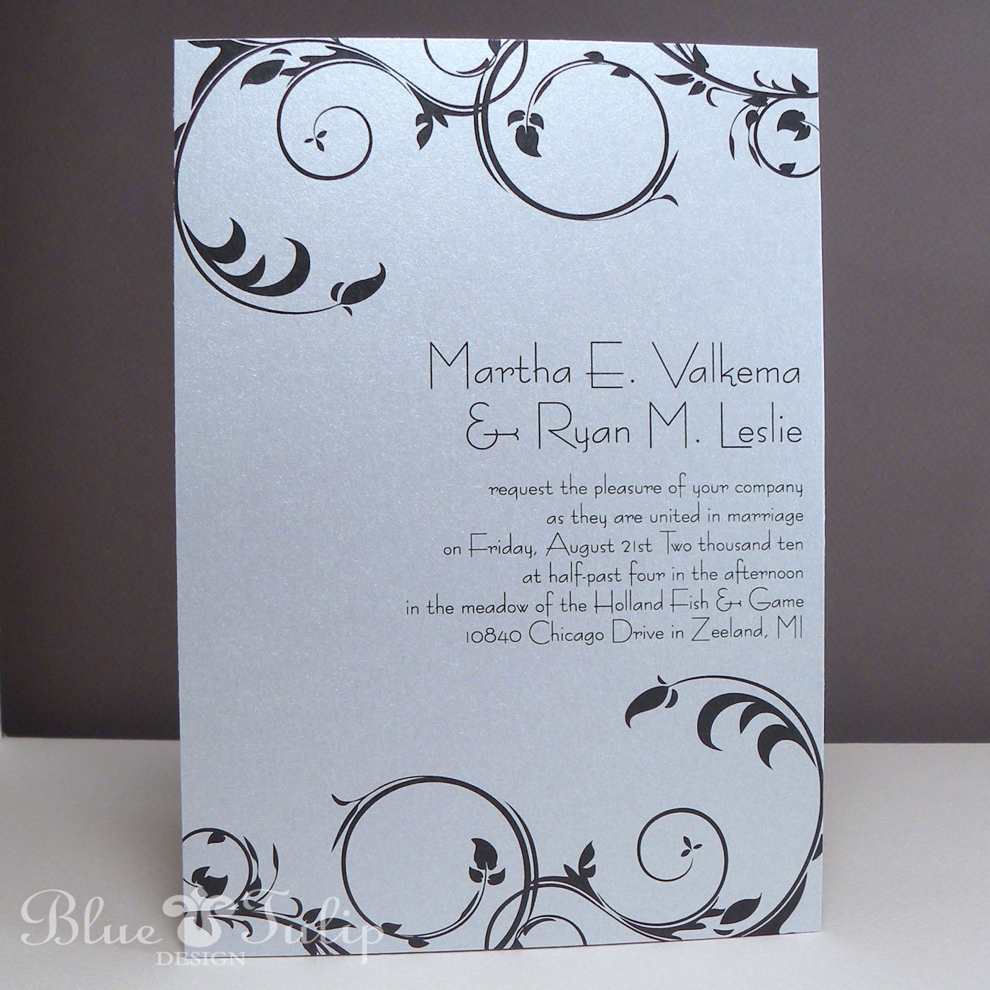 Scrolled Vine Wedding Invitation in Silver