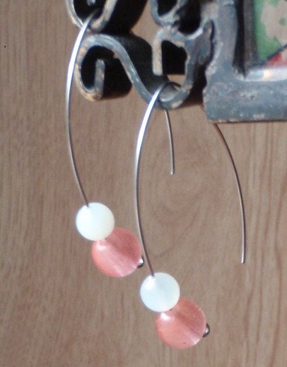 Simply Sweet- Dangle Earrings- Cherry Quartz and Sea Green New Jade- Pink and Green on Silver plated Stainless Steel Wire- hypoallergenic