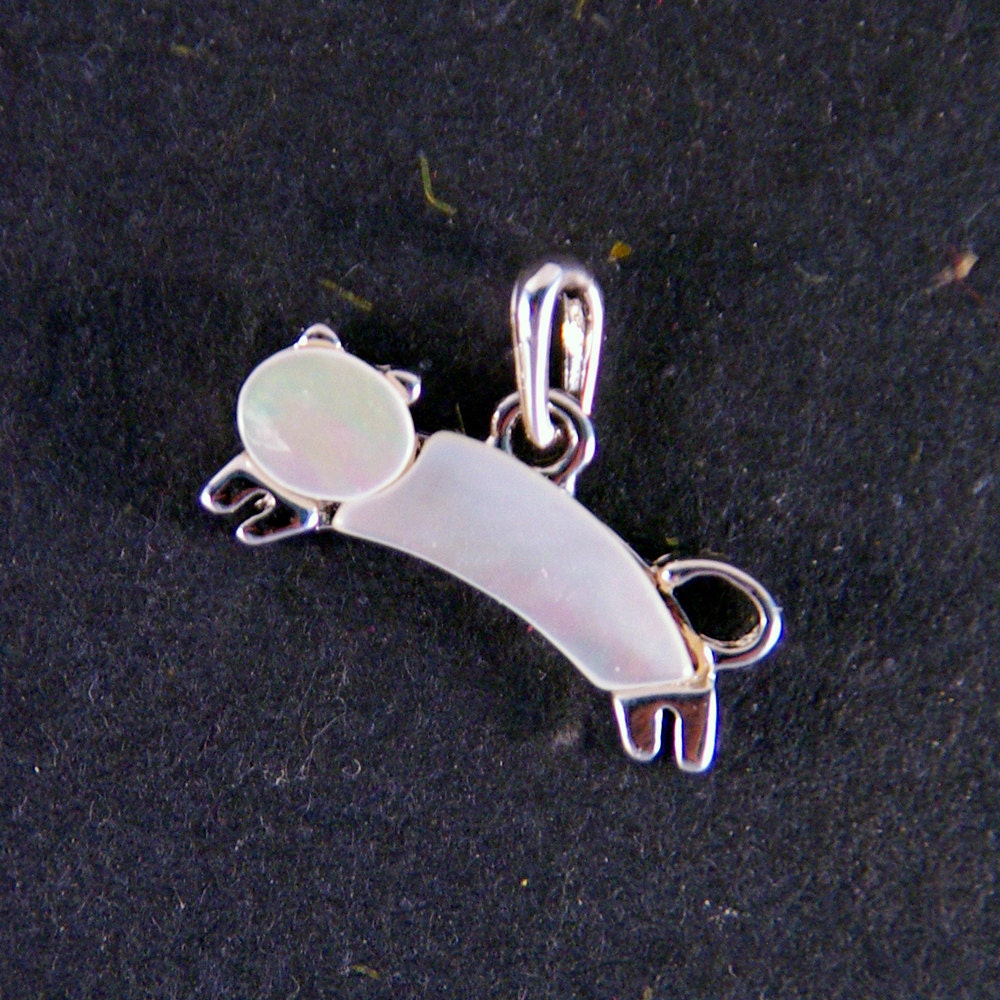 Small Leaping Silver-tone Mother of Pearl Cat Pendant