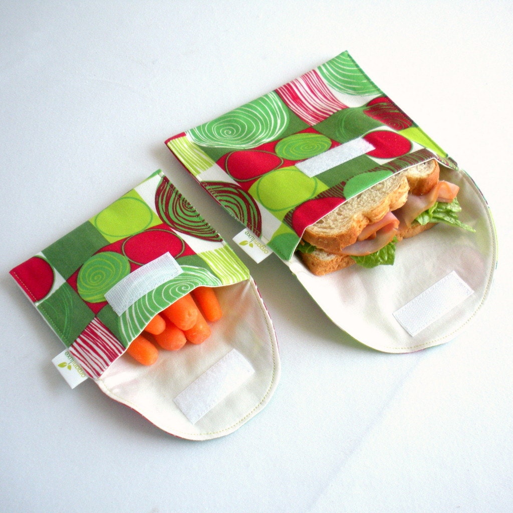 Sandwich and Snack Bags, Reusable, Organic Cotton, Eco Friendly - Set of 2 - Red and Green - Back to School