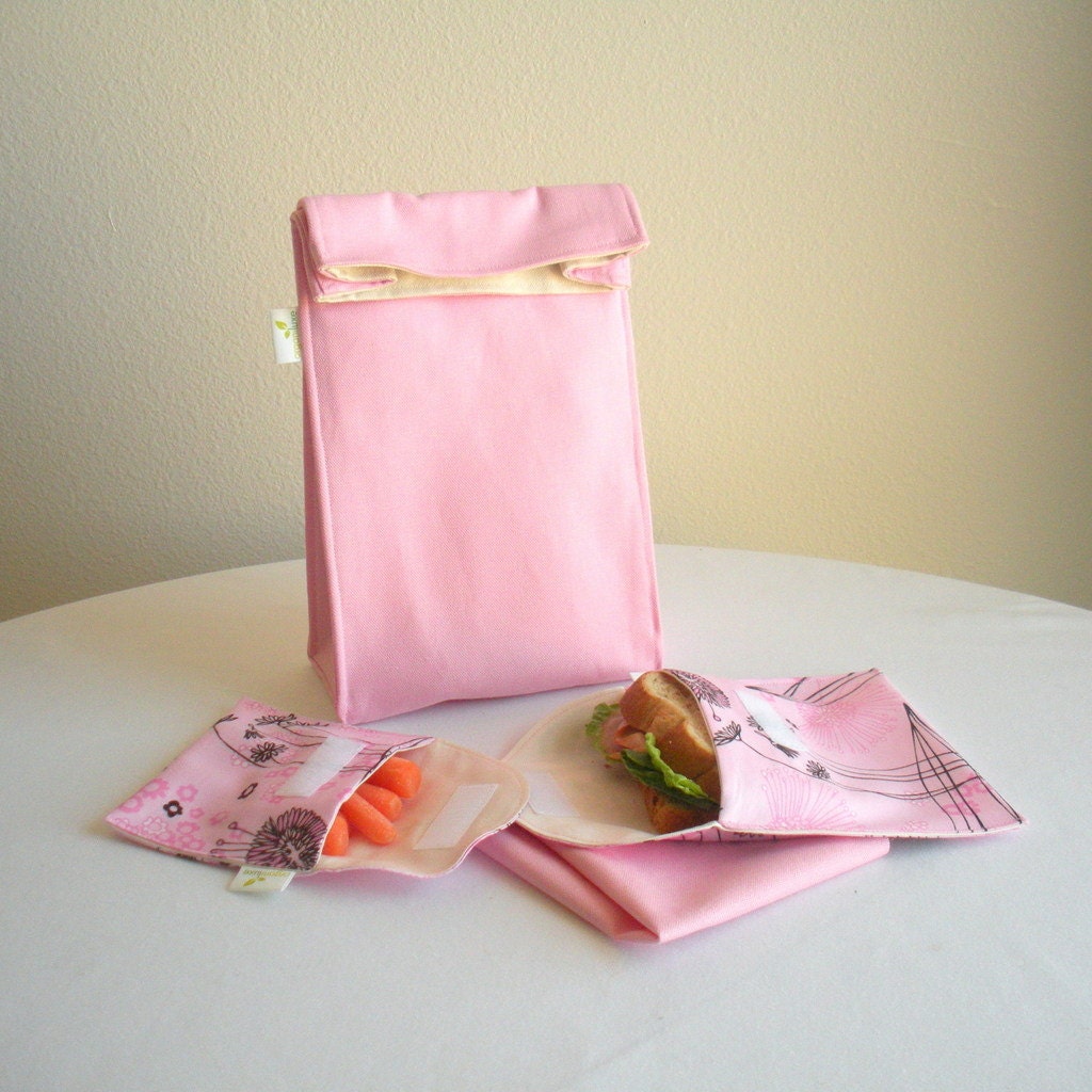 Insulated Lunch Bag Set, Organic Cotton, Eco Friendly - Pink - 4 Piece - Back to School