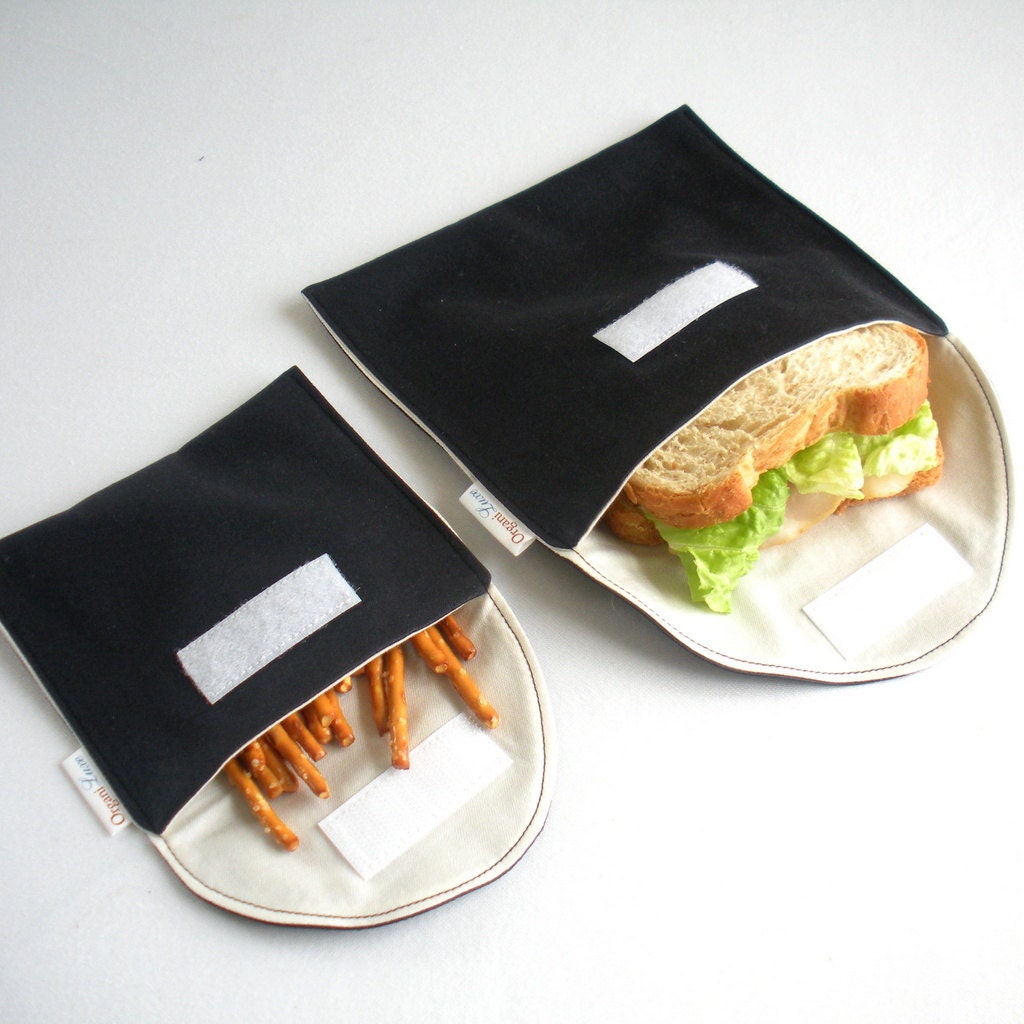 Eco Friendly Sandwich and Snack Bags, Set of 2 - Organic Cotton, Reusable - Black --- Back to School