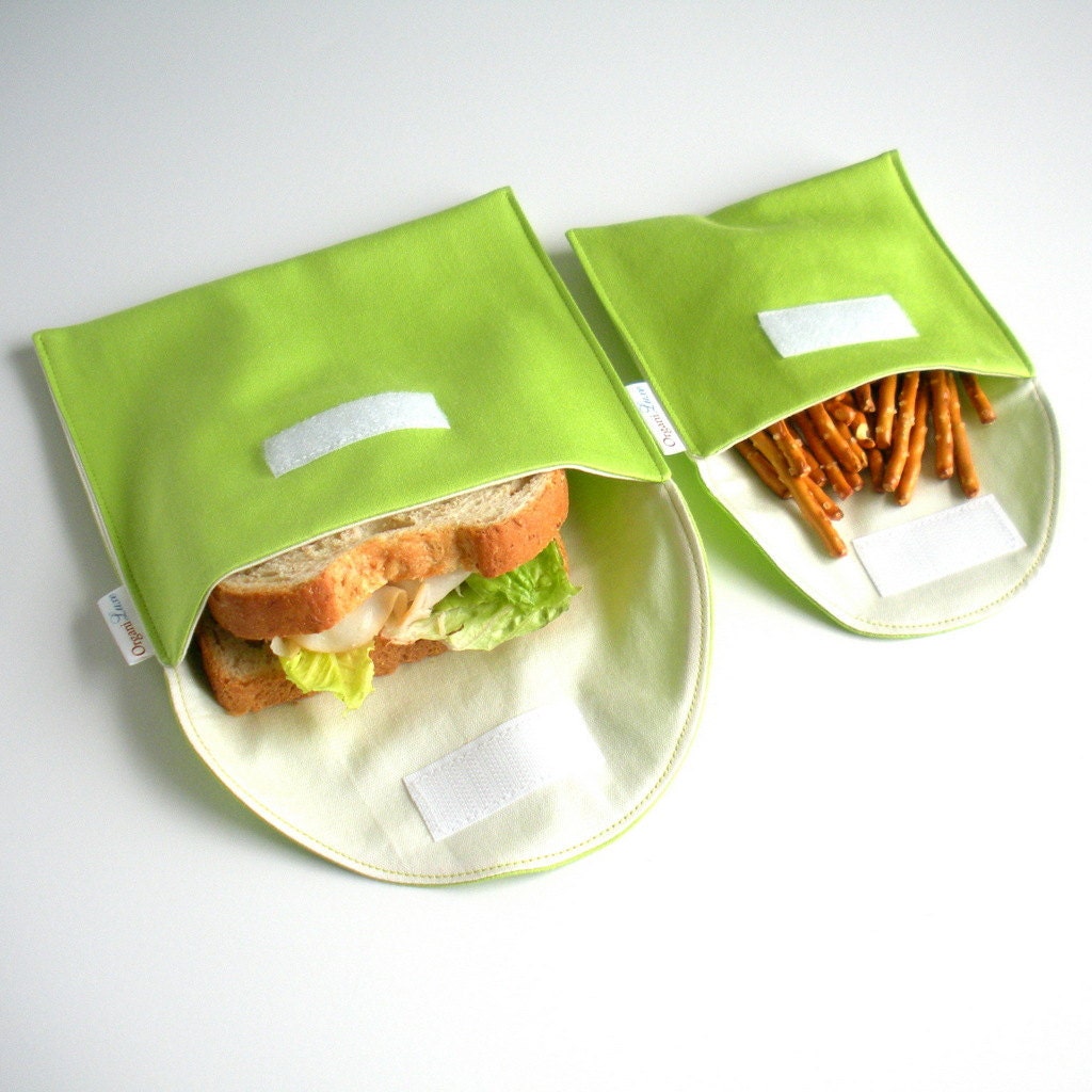 Reusable Eco Sandwich and Snack Bag Set of 2 - Organic Cotton - Lime --- Back to School