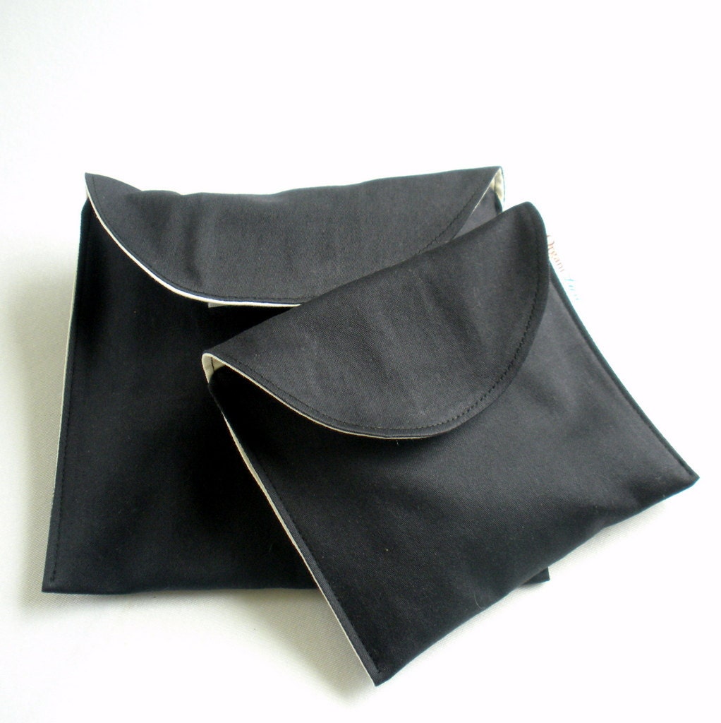 Eco Friendly Sandwich and Snack Bags, Set of 2 - Organic Cotton, Reusable - Black --- Back to School