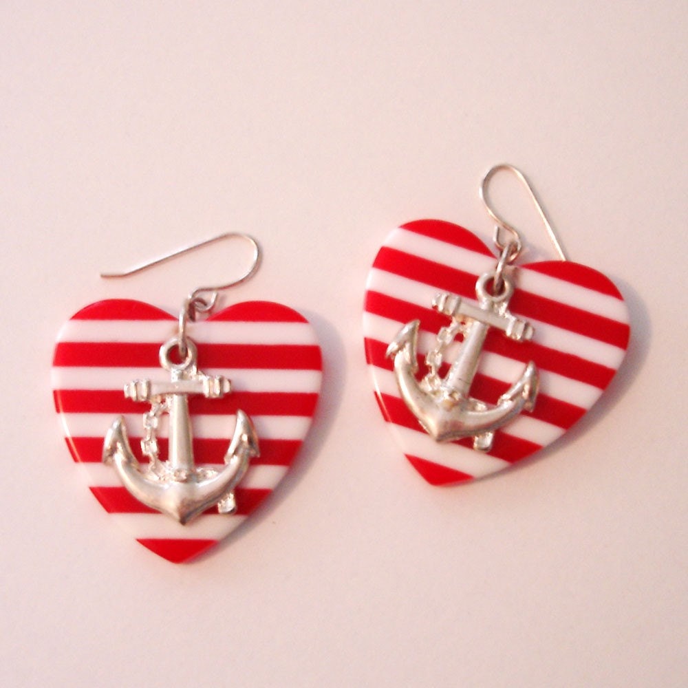 vintage nautical red and white striped heart earrings with silver anchors