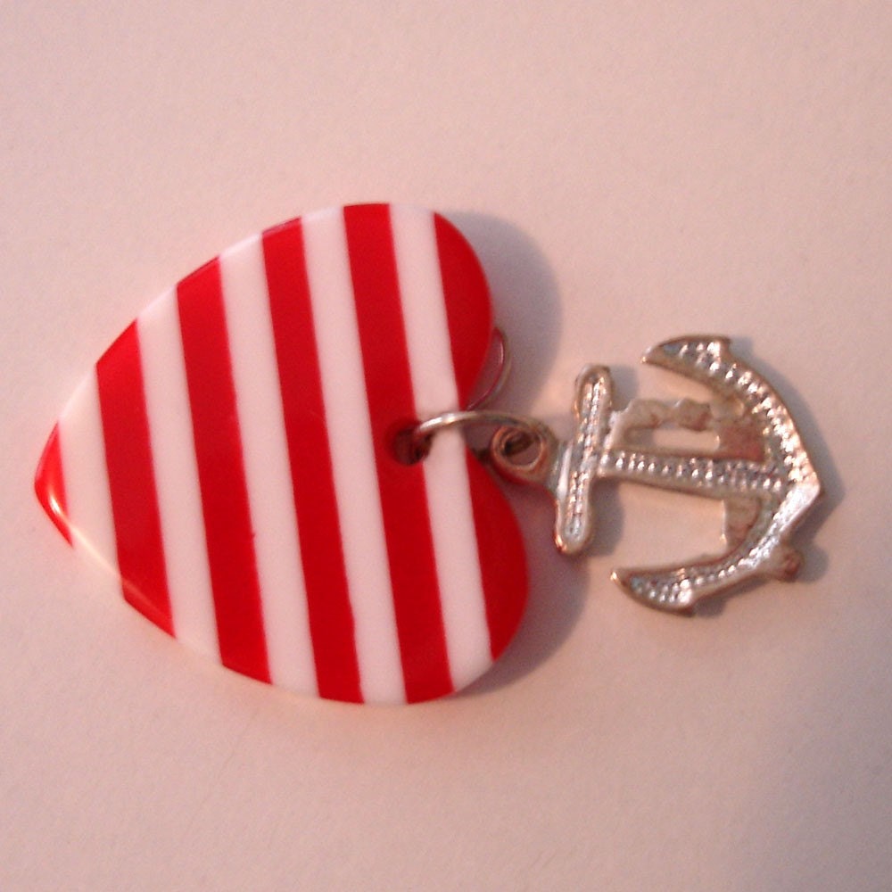 vintage nautical red and white striped heart earrings with silver anchors