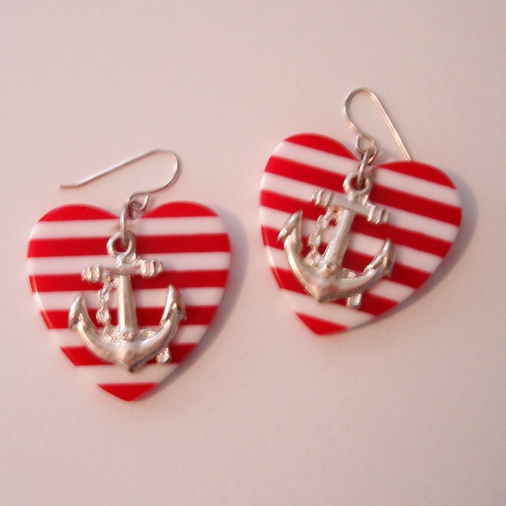vintage nautical red and white striped heart earrings with silver anchors