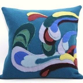 Wool applique throw pillow - abstract waves