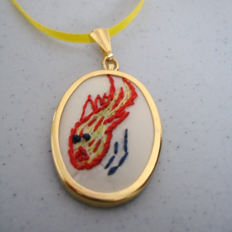 Embroidered necklace - Koi - goldfish - embroidered pendant necklace