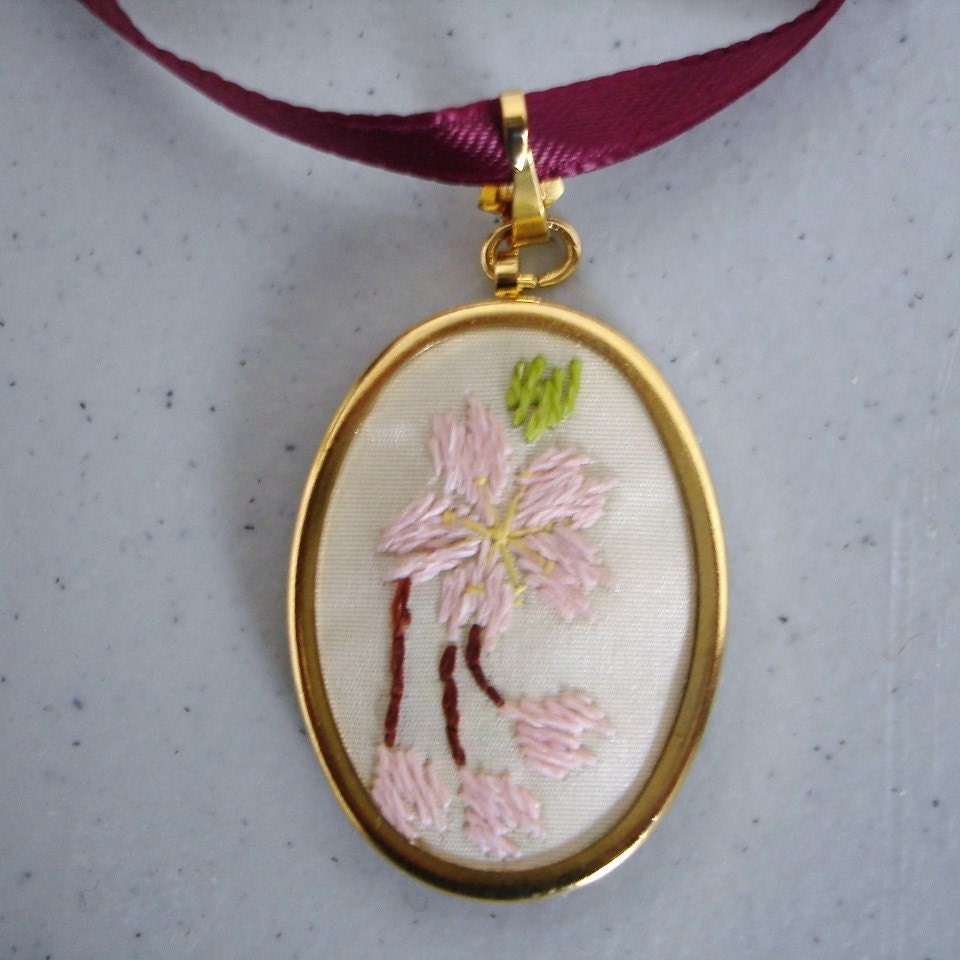 Embroidered necklace - Sakura - cherry  blossom - silk embroidered pendant necklace