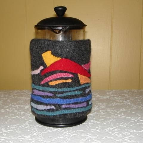 Felted Wool Coffee Press Cosy - Ocean Sunset abstract