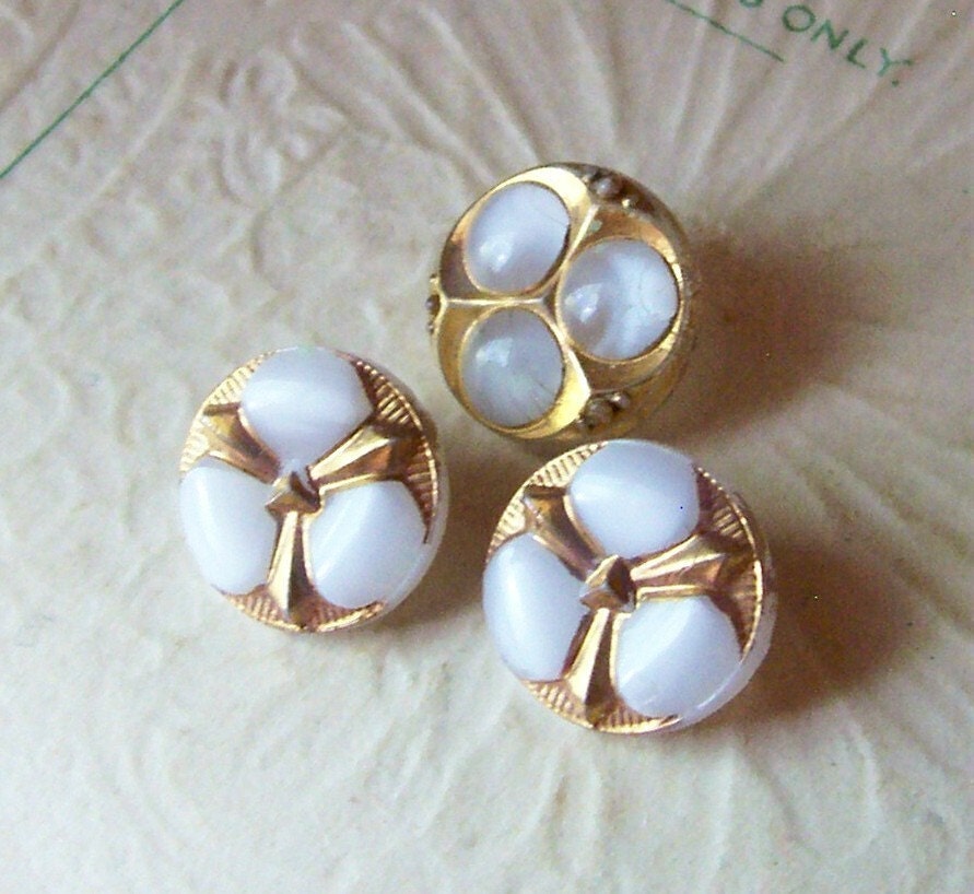 Vintage moonglow milk glass gold luster buttons X 3