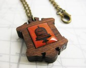Red Vintage Bird Cage Victorian Frame Necklace - 19" bronze chain