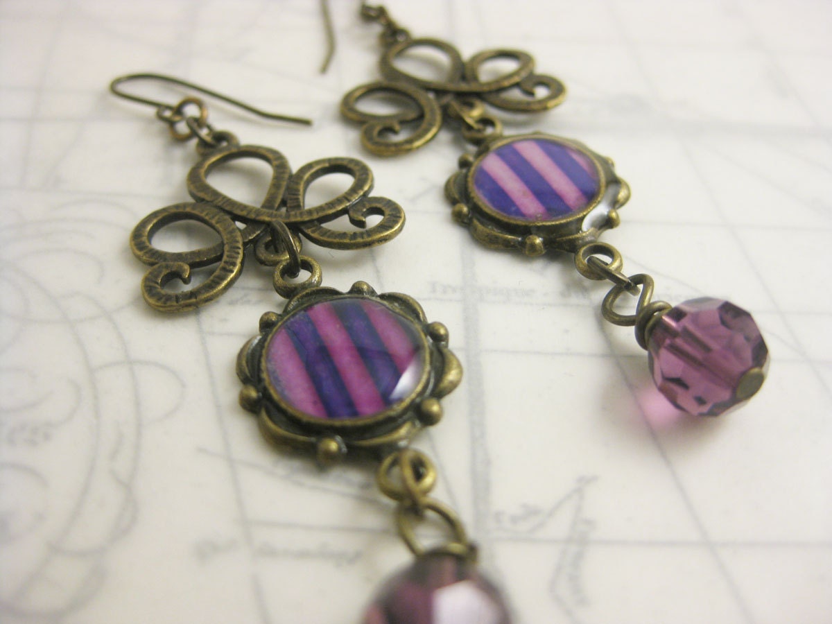 Purple Stripe Dangle Earrings - Victorian Circus resin jewelry - Purple crystal bead - Fish Hooks