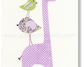 Nursery prints, baby nursery art, kids room decor, art for children, kids room art, personalized, Purple, Giraffe, Birds, Elegance 8x10