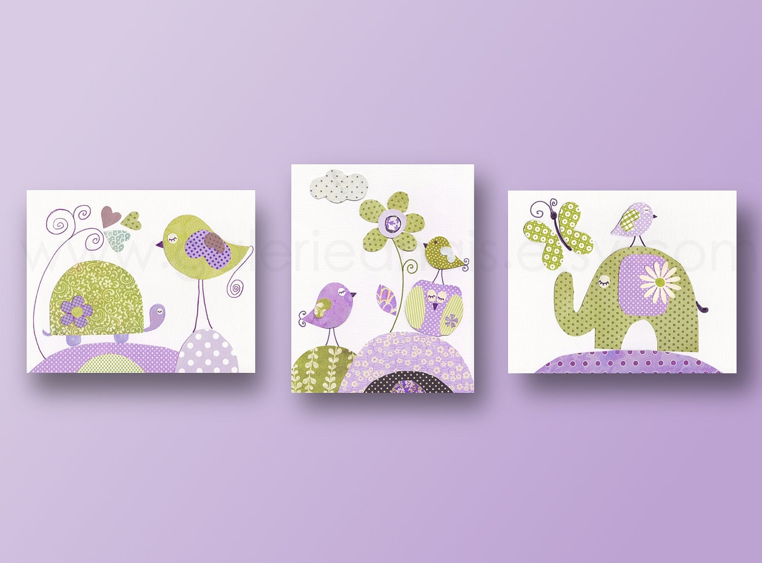 Nursery wall art, nursery print, baby nursery, kids art print, nursery decor, turtle, Birds, owl, elephant, Set of three 8x10 prints