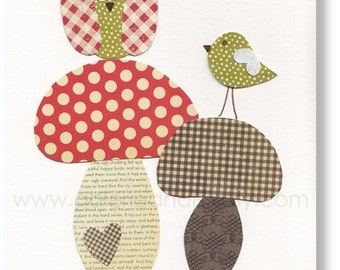 Nursery print, childrens art print, kids room decor, Owl, Forest, Mushroom, Champignons 8x10 print green red from Paris