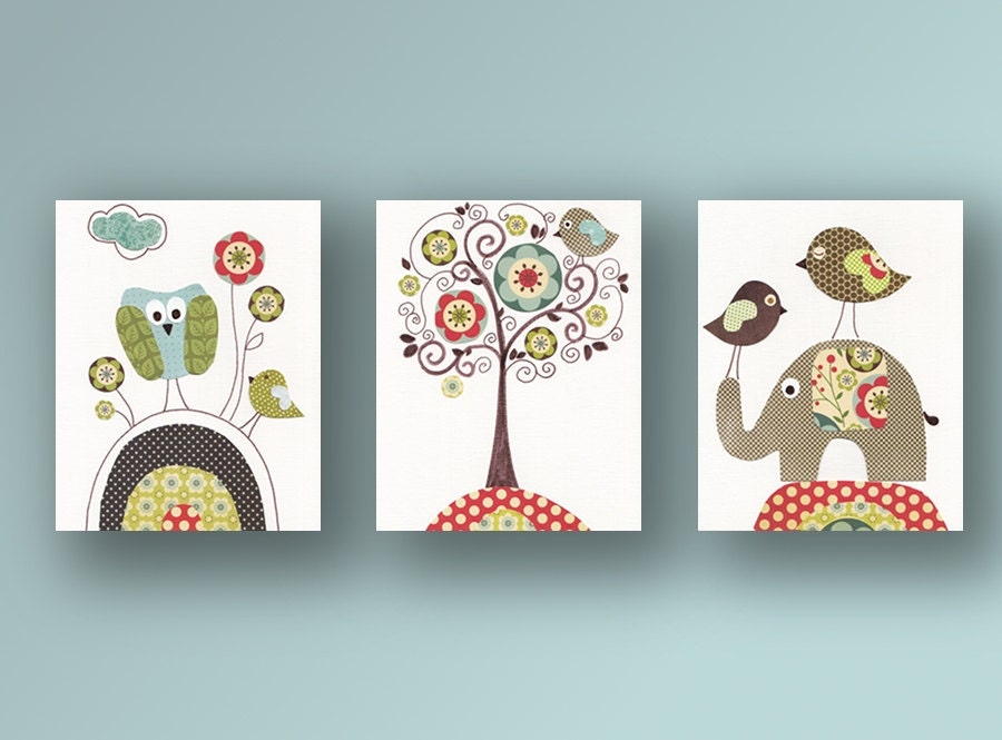 Nursery art print, baby nursery decor, nursery print, baby room decor, Kids art, elephant, owl, bird, Vintage Tree, Set of three 8x10 prints
