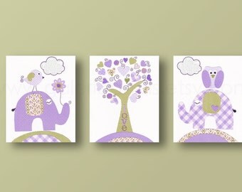 Nursery art, baby nursery decor, nursery wall art, kids wall decor, tree, owl, elephant, bird, Set of 3, 8x10 Prints -  Tree Of Love