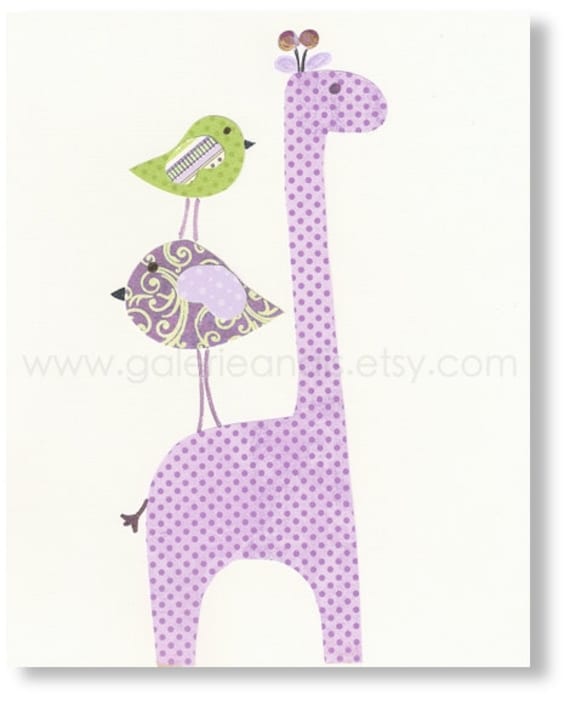 Nursery prints, baby nursery art, kids room decor, art for children, kids room art, personalized, Purple, Giraffe, Birds, Elegance 8x10