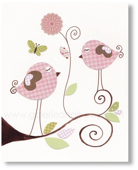Nursery art Print Personalized, baby nursery decor, nursery wall art, kids decor, bird, pink, Set of 2, 8x10 Prints -  Rose Romantique