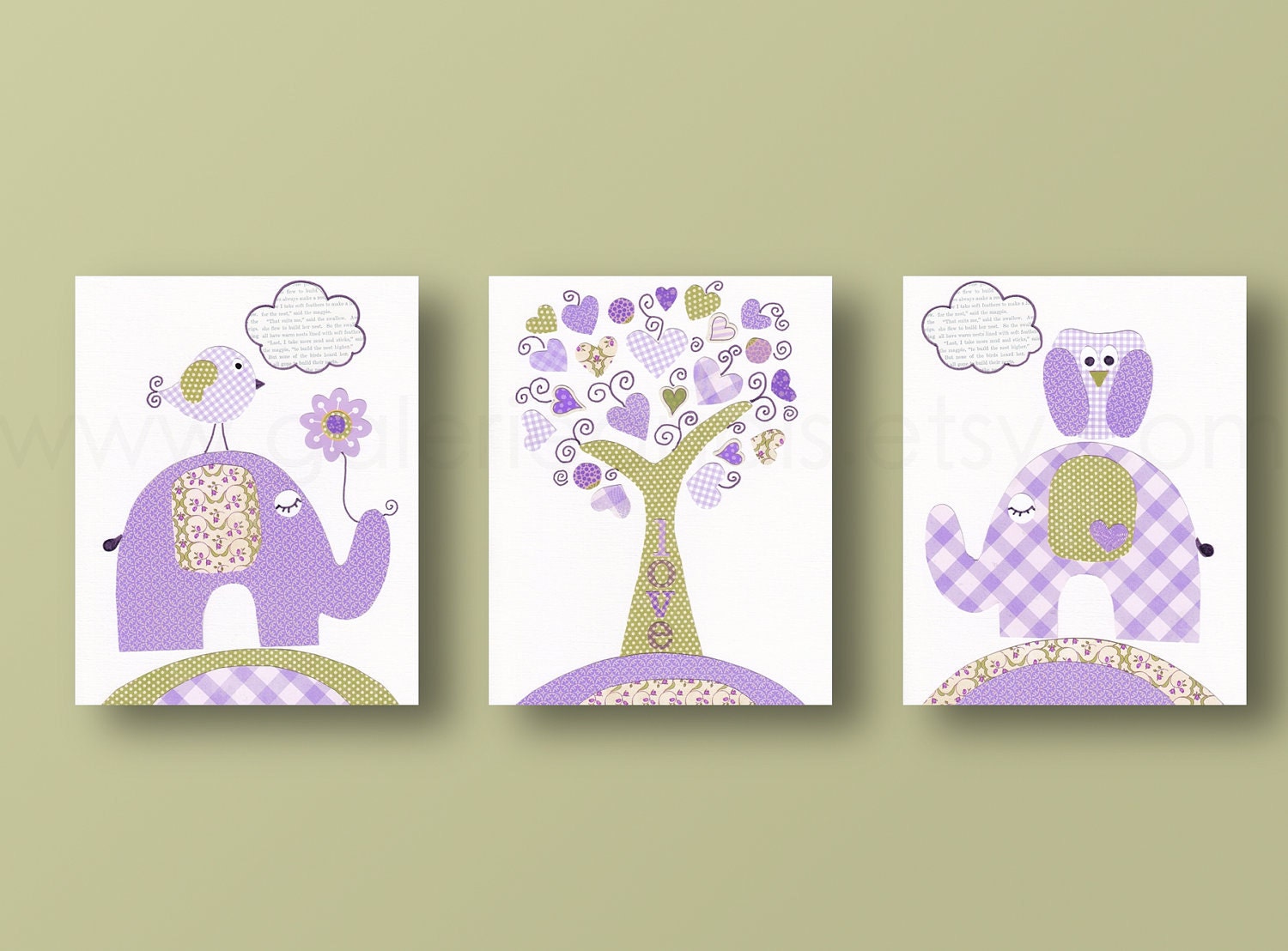 Nursery art, baby nursery decor, nursery wall art, kids wall decor, tree, owl, elephant, bird, Set of 3, 8x10 Prints -  Tree Of Love