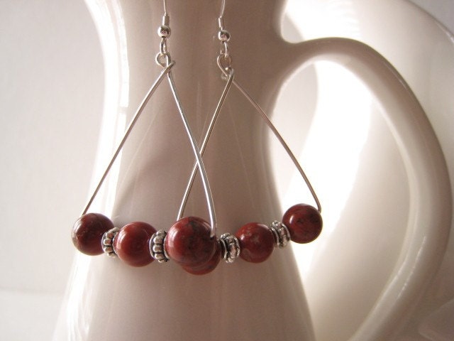 Red JASPER Dangle WIRE WRAP Burgandy Wine Earrings