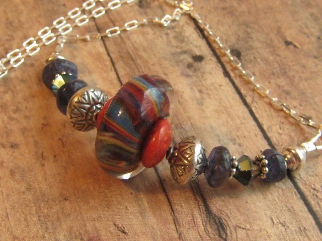 Statement Denim Sponge Coral Necklace with Sterling Choker  Kaleidoscope Beaded Necklace  EIGHT