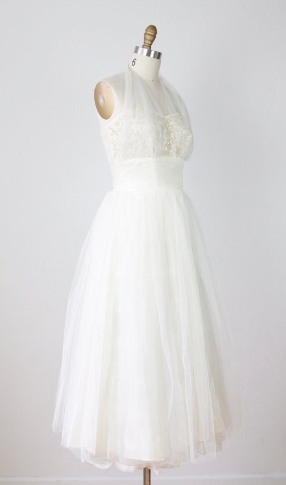 Reserved for Cheryl 1950s Tulle Sequin Halter Wedding Cream Dress VIntage